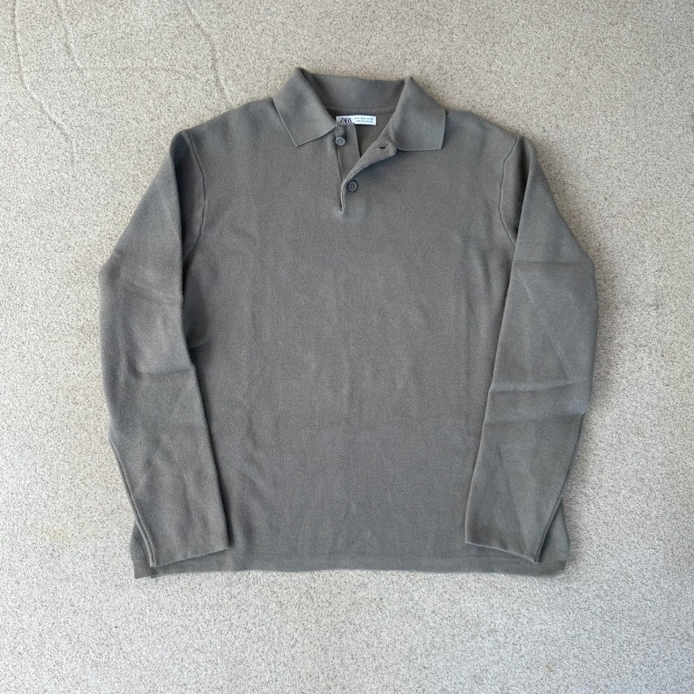 Zara Knit Mens Medium Long Sleeve Polo - Olive Green Textured Sweater